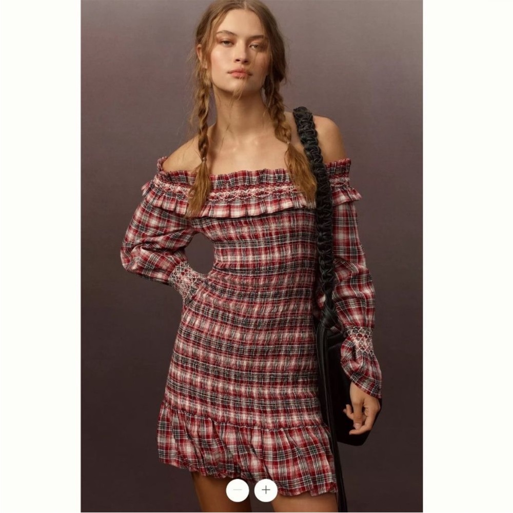 Anthropologie Smocked Plaid Off Shoulder Dress Large NEW Tags